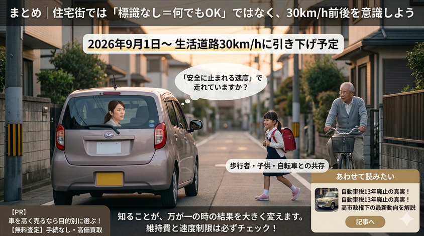 まとめ|住宅街では「標識なし=何でもOK」ではなく、30km/h前後を意識しよう