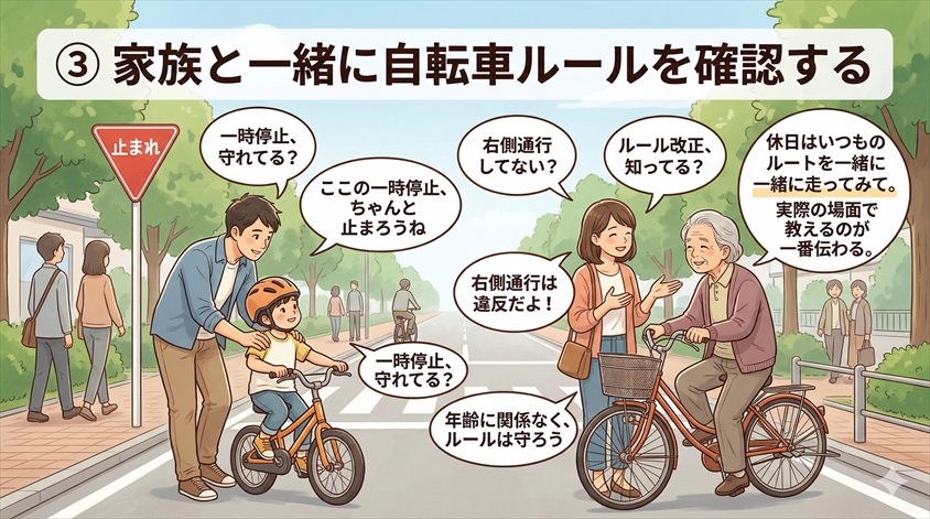 家族と一緒に自転車ルールを確認する