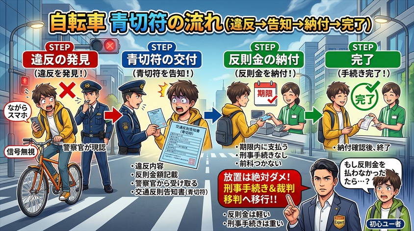 青切符の流れ（違反→告知→納付→完了）