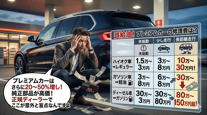 誤給油した場合の修理費・被害の目安