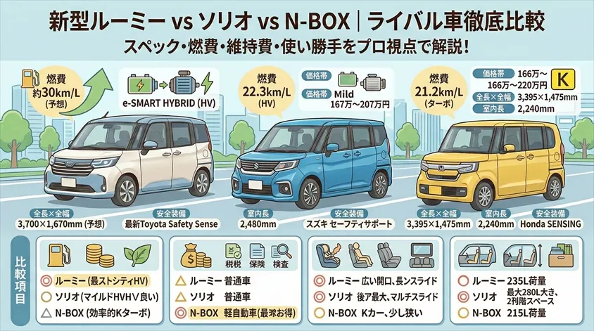 新型ルーミー vs ソリオ vs N-BOX|ライバル車徹底比較