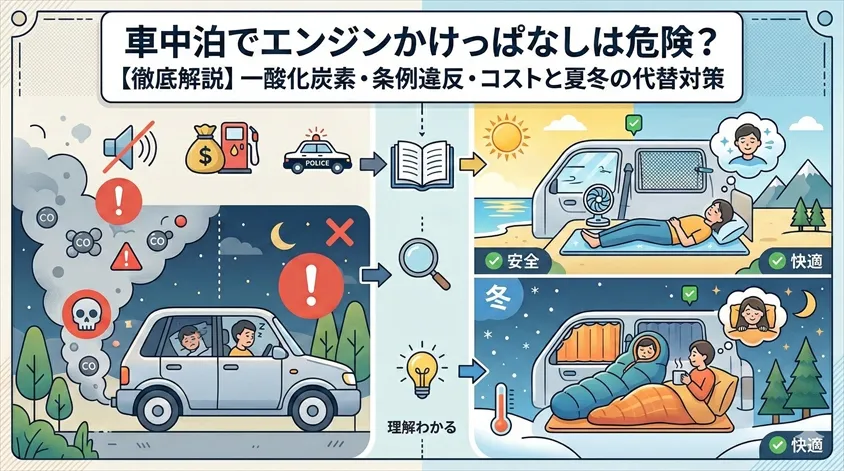 車中泊でエンジンかけっぱなしは危険?一酸化炭素・条例違反・一泊コストを徹底解説【夏冬の安全対策】