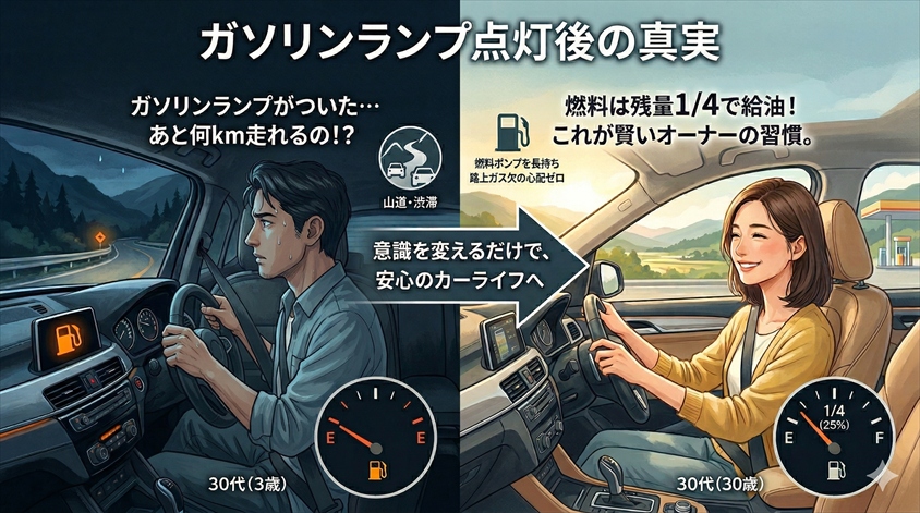 ガソリンランプついてから何km走れる?車種別の目安と燃料管理の本音
