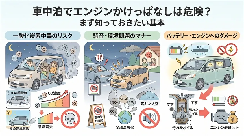 車中泊でエンジンかけっぱなしは危険？まず知っておきたい基本