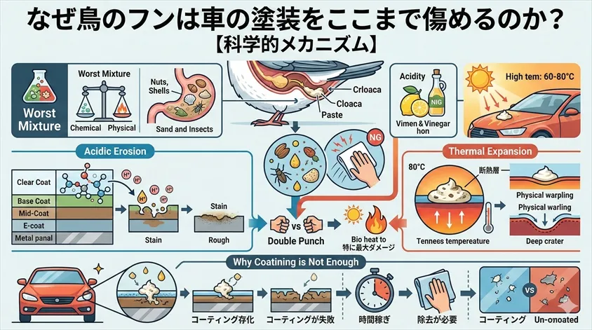 なぜ鳥のフンは車の塗装をここまで傷めるのか？【科学的メカニズム】