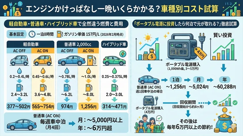 エンジンかけっぱなし一晩いくらかかる？車種別コスト試算