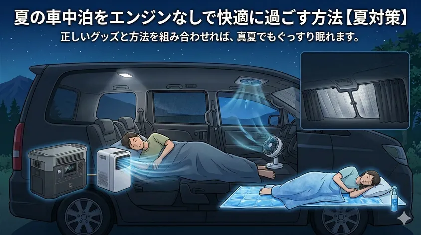 夏の車中泊をエンジンなしで快適に過ごす方法【夏対策】