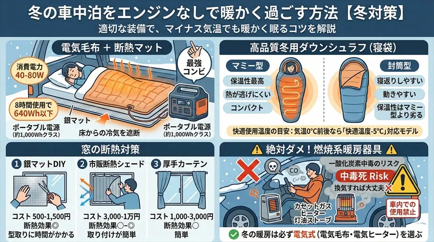 冬の車中泊をエンジンなしで暖かく過ごす方法【冬対策】