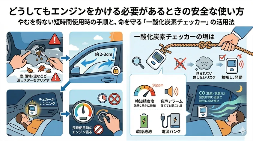 どうしてもエンジンをかける必要があるときの安全な使い方