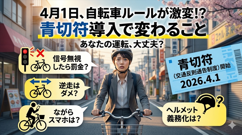 下記の文章にあった画像を作ってください。 画像は横長（16:9）で作ってください。 画像で使う言葉（タイトルやセリフ）は日本語にしてください。 感情のこもった、見たものを引き付けるシンプルでありながら興味を引く画像を作ってください。 ＝＝＝＝＝＝＝＝＝＝＝＝＝＝＝＝＝ 【記事のテーマ/見出し】: 【内容の要約】: 4月から自転車ルールは何が変わる？青切符の中身を整理 「4月から自転車のルールが変わる」という話を、ニュースやSNSで目にした方は多いはずです。でも、「具体的に何がどう変わるのか」を正確に把握できている人は、意外と少ないのではないでしょうか。 「信号無視したら即罰金？」「イヤホンはもう全部ダメ？」「ヘルメットをかぶらないと捕まる？」——そんな不安の声が職場や学校でも飛び交っていますが、実際のところ、ひとつひとつ冷静に整理してみると、「全部が急に変わった」わけではないことがわかります。 この記事では、2026年4月1日からスタートする青切符（交通反則通告制度）の内容を軸に、「4月から変わること」と「以前から同じこと」を分けて整理します。通勤・通学・買い物で日常的に自転車を使っている方が、今日から迷わず安全に乗れるよう、実用的な視点でまとめました。 この記事でわかること！ 2026年4月1日から始まる「青切符（交通反則通告制度）」とは何か 信号無視・逆走・ながらスマホなど、日常でやりがちな違反の取り扱い ヘルメット・免許点数など、よくある誤解の正しい整理 今日から安心して自転車に乗るための具体的な注意ポイント ※インパクトがある画像にして