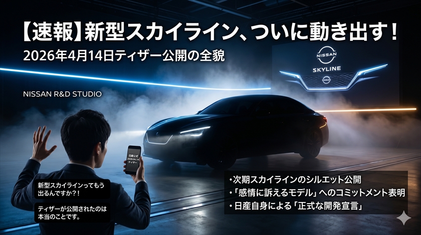 【速報】新型スカイライン、ついに動き出す！2026年4月14日ティザー公開の全貌