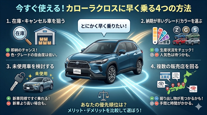 今すぐ使える！カローラクロスに早く乗る4つの方法