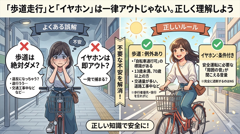 「歩道走行」と「イヤホン」は一律アウトじゃない。正しく理解しよう