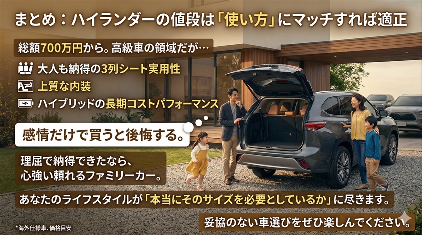 まとめ：ハイランダーの値段は「使い方」にマッチすれば適正