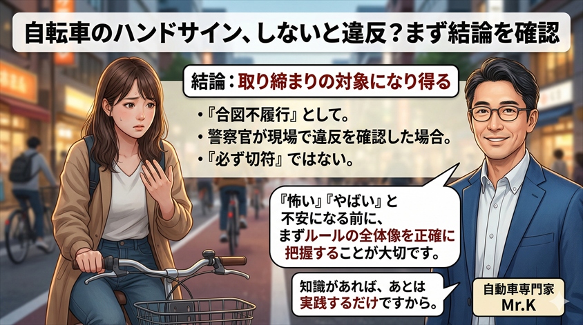 自転車のハンドサインをしないと違反になる？まず結論を確認