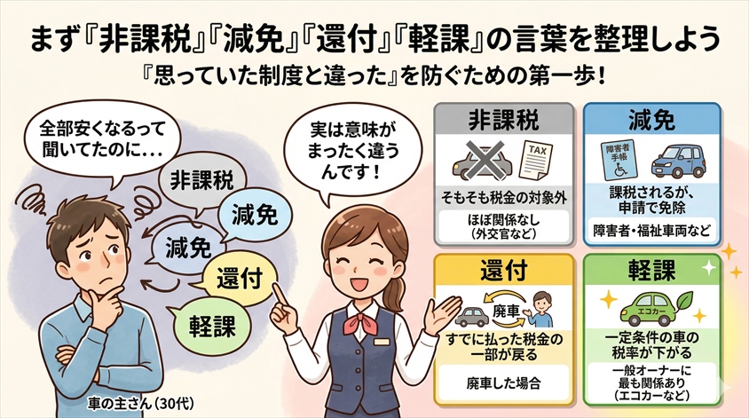 まず「非課税」「減免」「還付」「軽課」の言葉を整理しよう