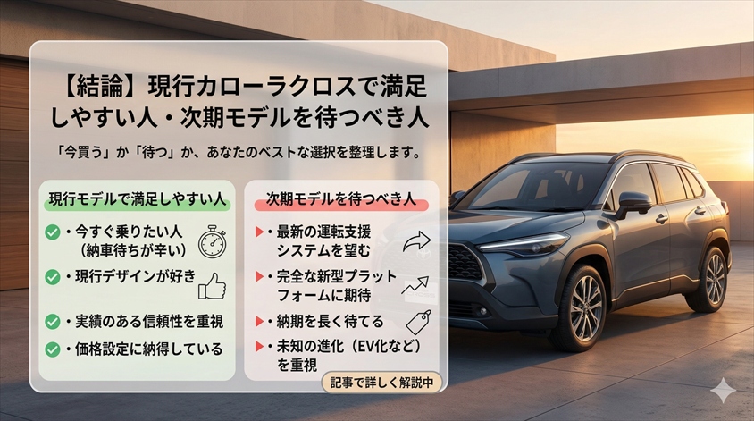 【結論】現行カローラクロスで満足しやすい人・次期モデルを待つべき人