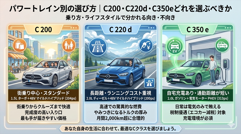 パワートレイン別の選び方｜C200・C220d・C350eどれを選ぶべきか