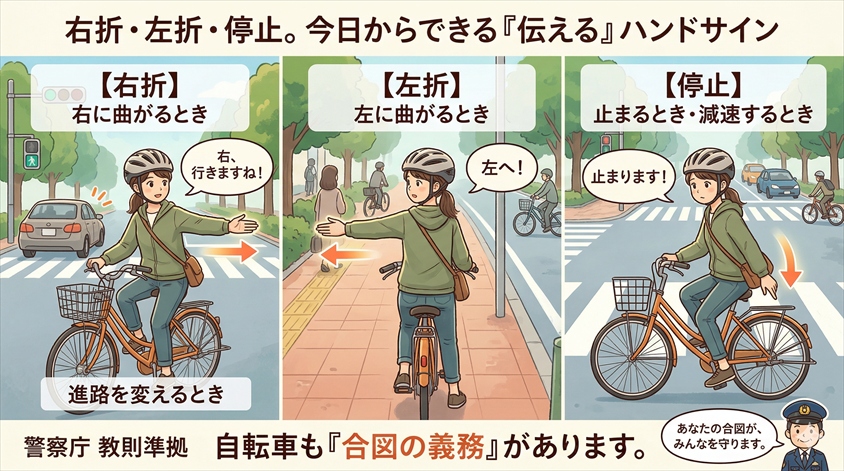 右折・左折・停止のハンドサインを場面別に解説