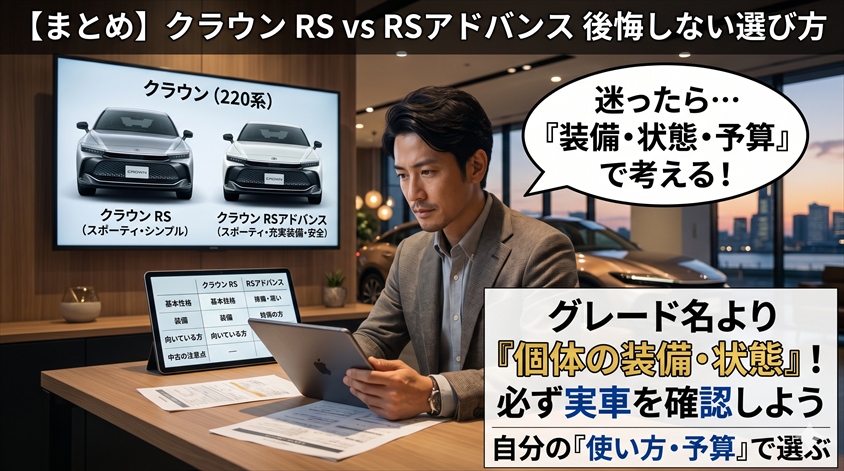 まとめ｜クラウンRS vs RSアドバンス、迷ったら「装備・状態・予算」の3軸で考えよう