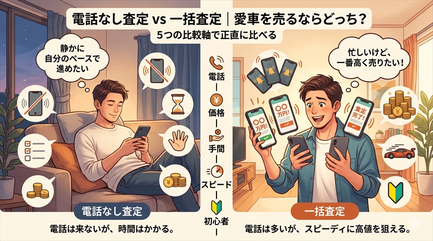 電話なし査定 vs 一括査定｜5つの比較軸で正直に比べる