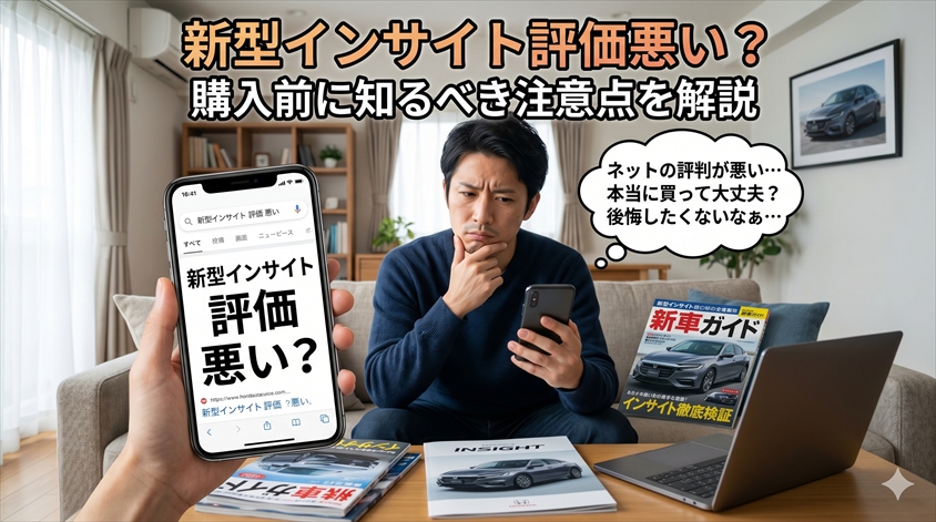 下記の文章にあった画像を作ってください。 画像は横長（16:9）で作ってください。 画像で使う言葉（タイトルやセリフ）は日本語にしてください。 感情のこもった、見たものを引き付けるシンプルでありながら興味を引く画像を作ってください。 ＝＝＝＝＝＝＝＝＝＝＝＝＝＝＝＝＝ 【記事のテーマ/見出し】: 【内容の要約】: もっと詳しく知りたい方へ この記事では新型インサイトの「悪い評価」のポイントを整理しましたが、本編記事ではさらに詳しく解説しています。 競合EVとの詳細スペック比較表 維持費のシミュレーション 過去モデル（ZE4型）の中古車市場の動向 よくある質問（FAQ）