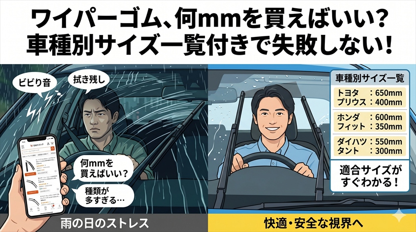 ワイパーゴム交換、何mmを買えばいい?車種別サイズ一覧付き