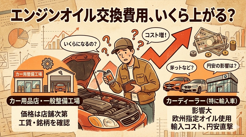 エンジンオイル交換費用はいくら上がる？店舗別の影響を整理