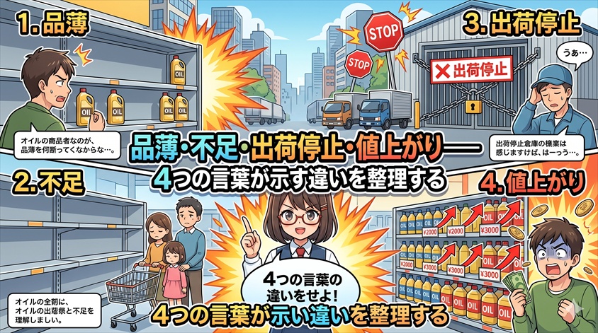 「品薄・不足・出荷停止・値上がり」——4つの言葉が示す違いを整理する