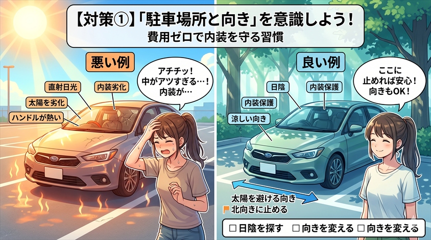 【対策①】駐車場所と向きを意識する——最もコストをかけずに効果が出る方法