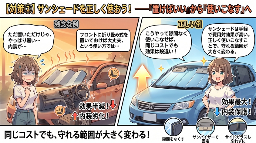 【対策②】サンシェードを正しく使う——「置けばいい」から「使いこなす」へ