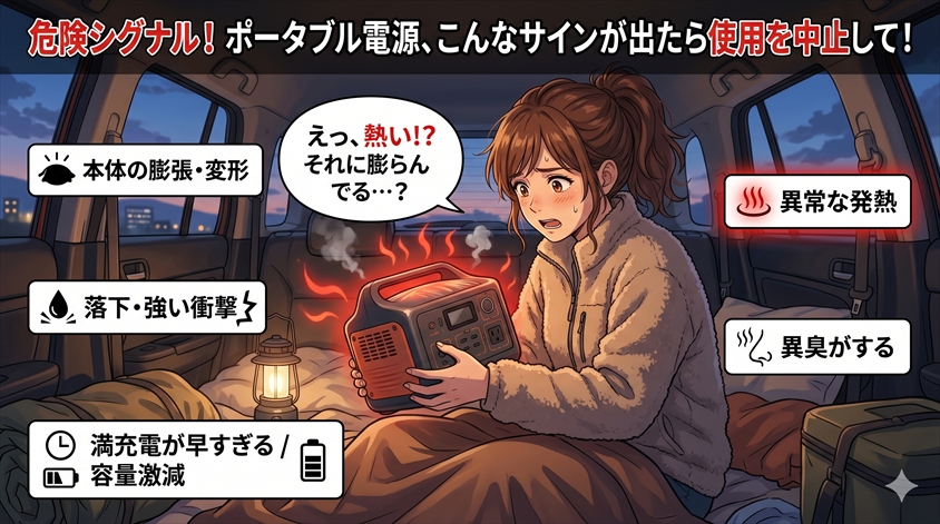 こんなサインが出たら使用を中止：ポータブル電源の危険シグナル