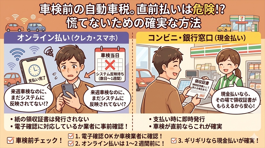 領収証書と納税証明書の扱い、車検前の注意点