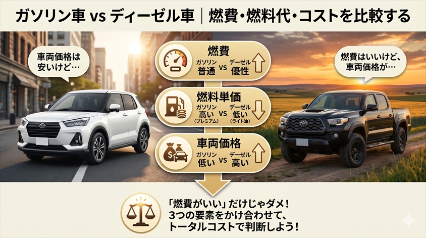 ガソリン車 vs ディーゼル車｜燃費・燃料代・コストを比較する