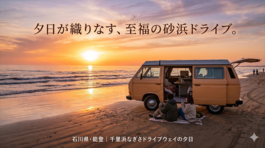 千里浜なぎさドライブウェイの夕日──砂浜ドライブが最高になる時間帯