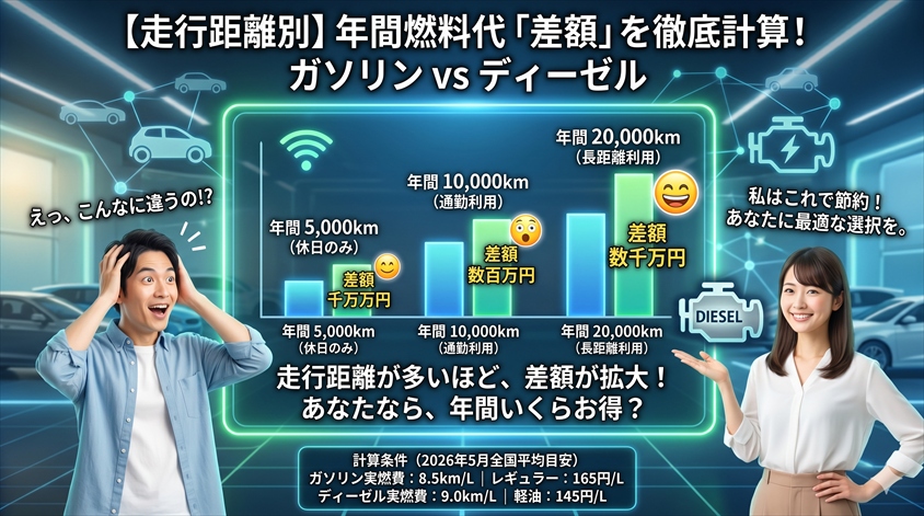 年間燃料代シミュレーション｜走行距離別に「差額」を計算する