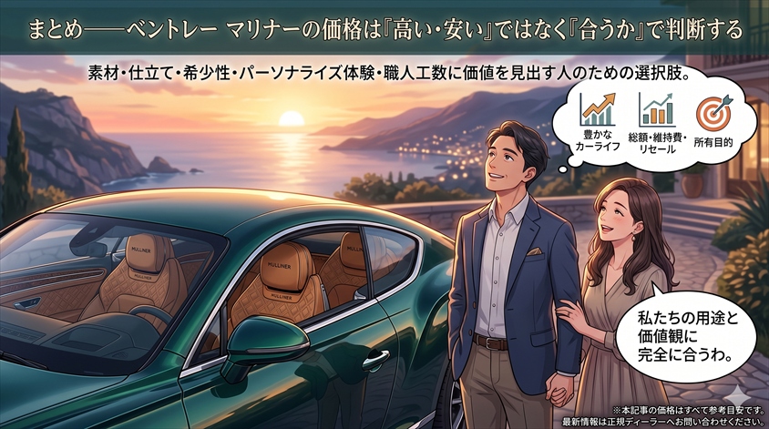 まとめ——ベントレー マリナーの価格は「高い・安い」ではなく「合うか」で判断する