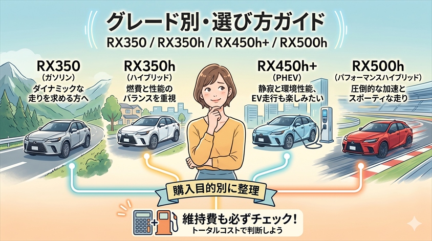 グレード別・選び方ガイド — RX350 / RX350h / RX450h+ / RX500h