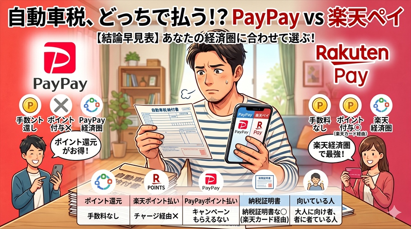 【結論早見表】PayPayと楽天ペイ、自動車税はどちらが得か