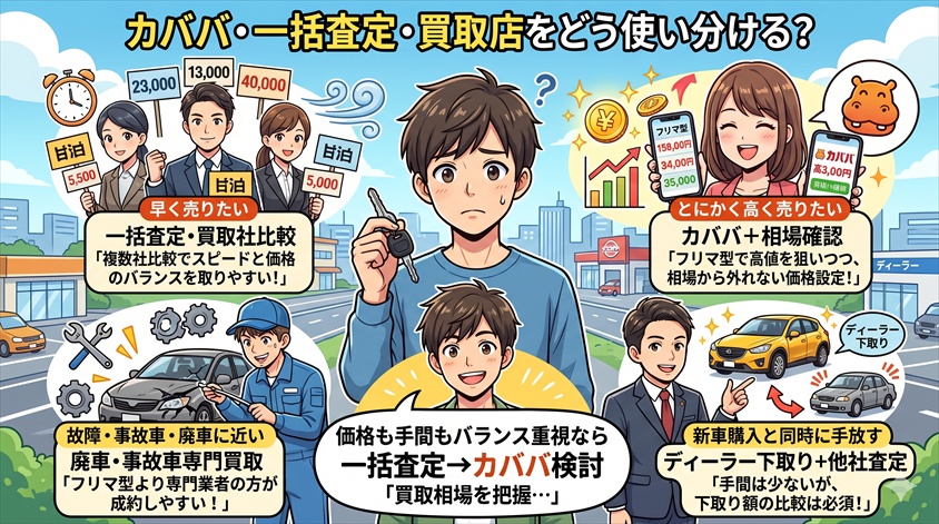 カババ・一括査定・買取店をどう使い分ける？