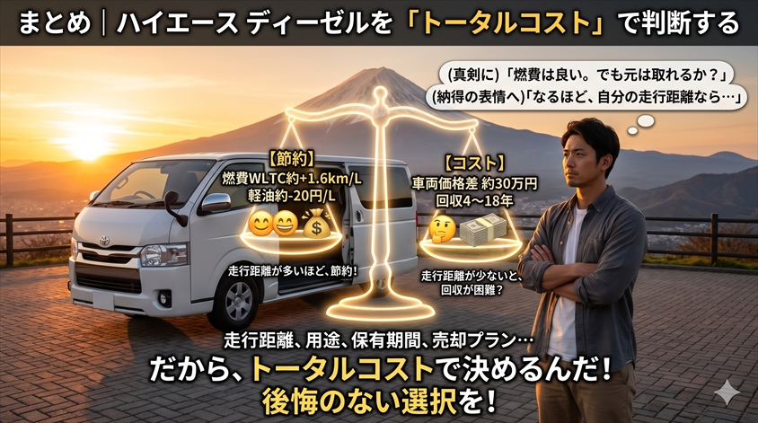 まとめ｜ハイエース ディーゼルの燃費を正しく評価して後悔のない選択を