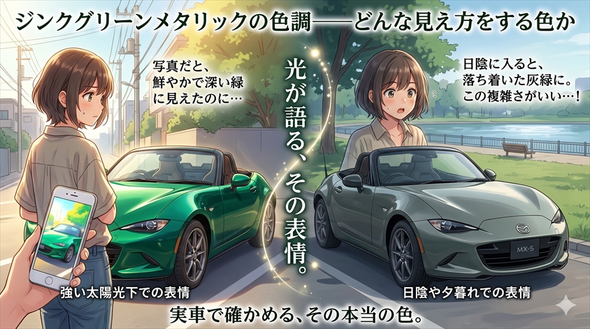 ジンクグリーンメタリックの色調——どんな見え方をする色か