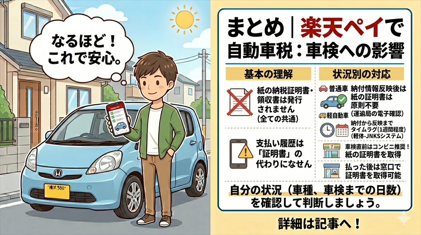 まとめ｜楽天ペイで払った場合の納税証明書と車検への影響