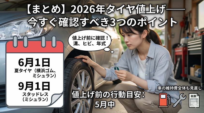 【まとめ】2026年タイヤ値上げ——今すぐ確認すべき3つのポイント