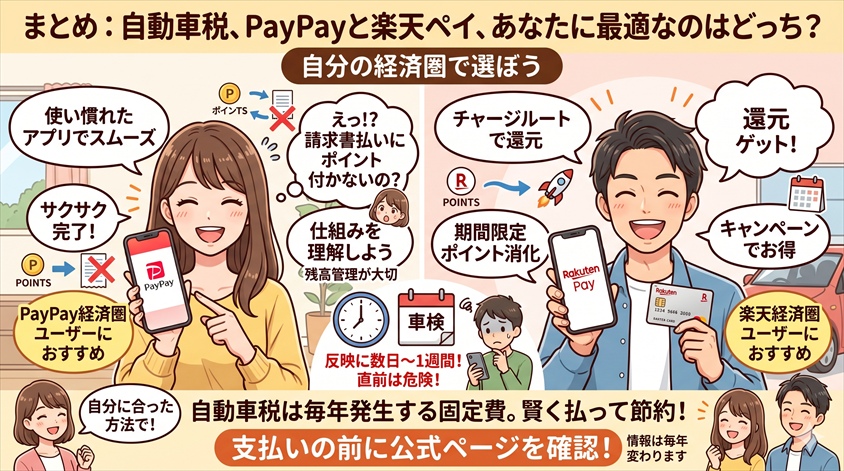 まとめ｜自動車税はPayPayと楽天ペイ、自分の経済圏で選ぼう