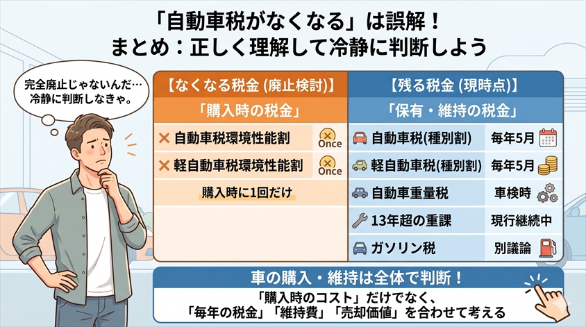 まとめ ── 「なくなる税金」と「残る税金」を正しく理解して、冷静に判断しよう