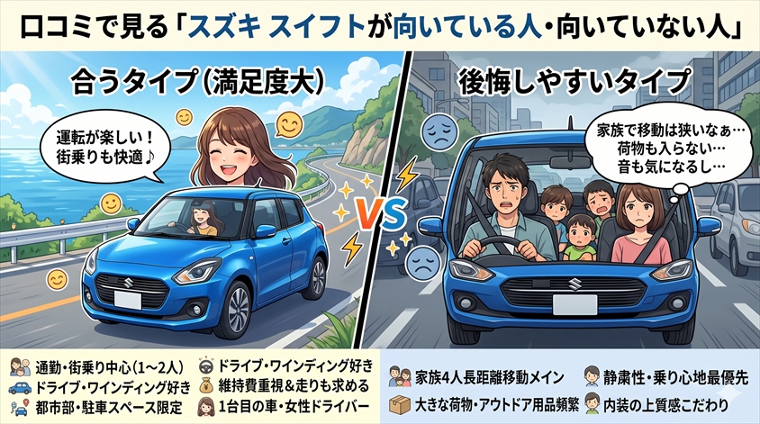 口コミで見る「スズキ スイフトが向いている人・向いていない人」