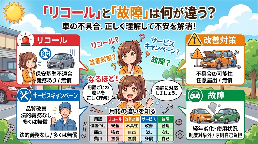 「リコール」「改善対策」「サービスキャンペーン」「故障」の違いを整理する