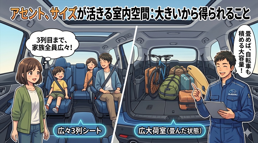 アセントの3列シートと荷室の実用サイズ
