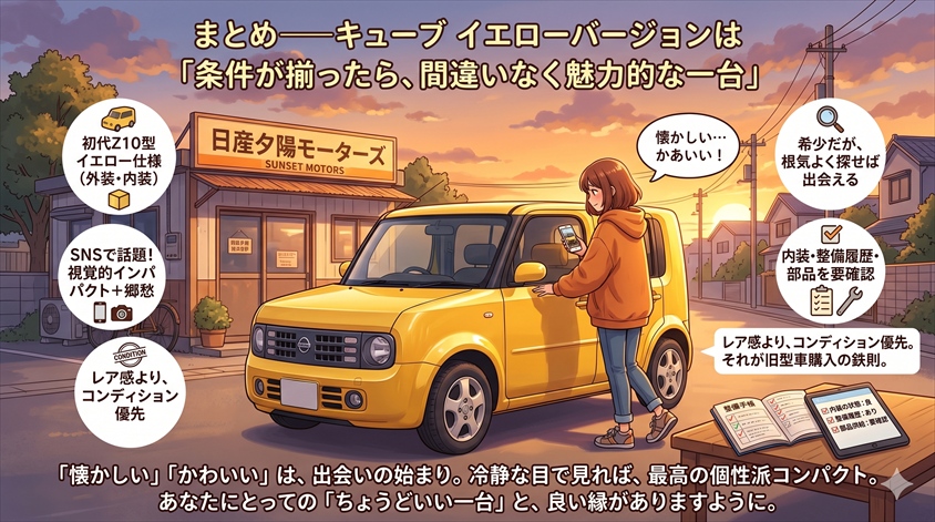 まとめ——キューブ イエローバージョンは「条件が揃ったら、間違いなく魅力的な一台」